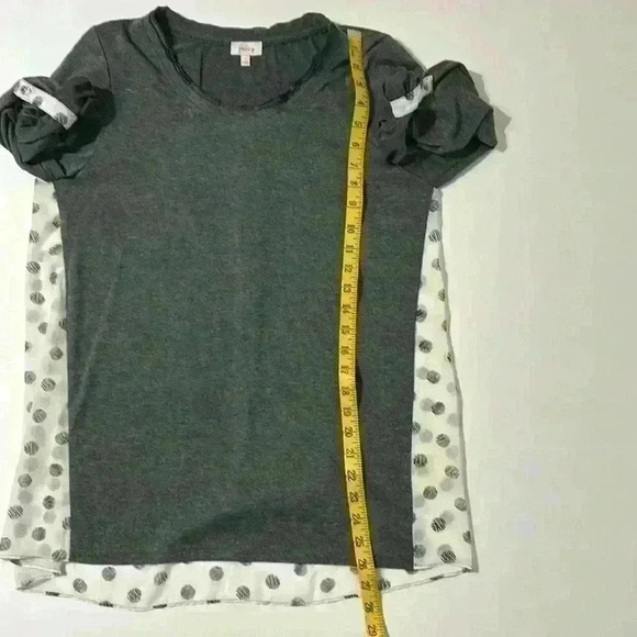 Stitch Fix Pixley | Mixed Material Gray Top with Semi-Sheer Polka Dot Back - Picture 3 of 7